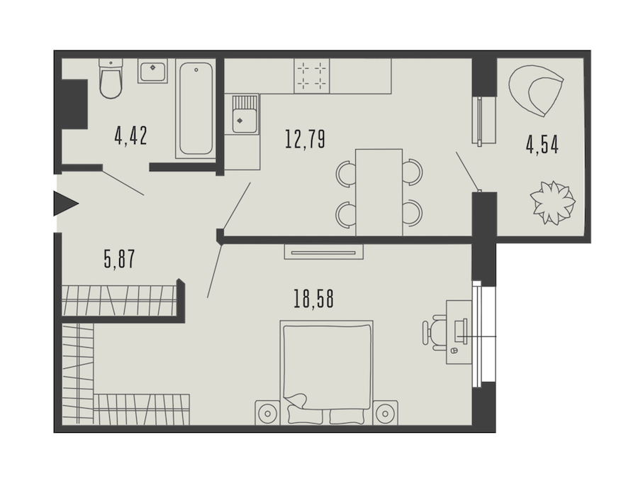 1-комнатная квартира 43.02 м², 5/5 эт., Комплекс апартаментов «Bereg. Курортный»